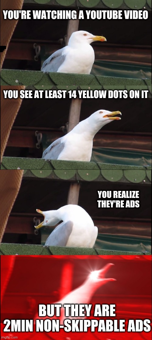 Inhaling Seagull | YOU'RE WATCHING A YOUTUBE VIDEO; YOU SEE AT LEAST 14 YELLOW DOTS ON IT; YOU REALIZE THEY'RE ADS; BUT THEY ARE 2MIN NON-SKIPPABLE ADS | image tagged in memes,inhaling seagull | made w/ Imgflip meme maker