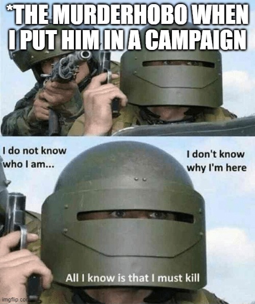 I don't know who i am | *THE MURDERHOBO WHEN I PUT HIM IN A CAMPAIGN | image tagged in i don't know who i am | made w/ Imgflip meme maker