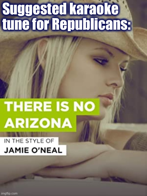 Country music is always good for singing the pain away. | Suggested karaoke tune for Republicans: | image tagged in jamie o neal there is no arizona,election 2020,2020 elections,country music,election,pop music | made w/ Imgflip meme maker