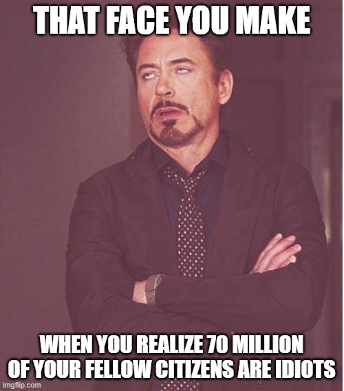 Face You Make Robert Downey Jr | THAT FACE YOU MAKE; WHEN YOU REALIZE 70 MILLION OF YOUR FELLOW CITIZENS ARE IDIOTS | image tagged in memes,face you make robert downey jr | made w/ Imgflip meme maker