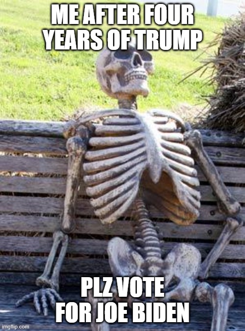 Waiting Skeleton Meme | ME AFTER FOUR YEARS OF TRUMP; PLZ VOTE FOR JOE BIDEN | image tagged in memes,waiting skeleton | made w/ Imgflip meme maker