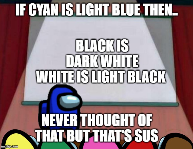 Facts.. | IF CYAN IS LIGHT BLUE THEN.. BLACK IS DARK WHITE
WHITE IS LIGHT BLACK; NEVER THOUGHT OF THAT BUT THAT'S SUS | image tagged in among us lisa presentation | made w/ Imgflip meme maker