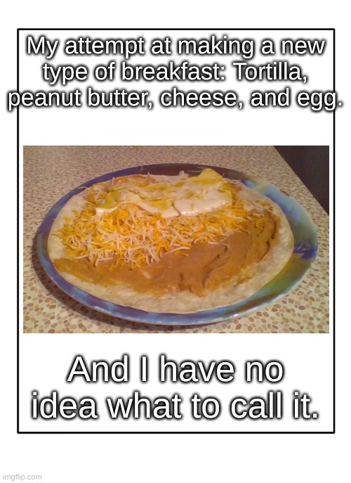 Put down in the comments what you think I should call it! | My attempt at making a new type of breakfast: Tortilla, peanut butter, cheese, and egg. And I have no idea what to call it. | image tagged in blank template | made w/ Imgflip meme maker