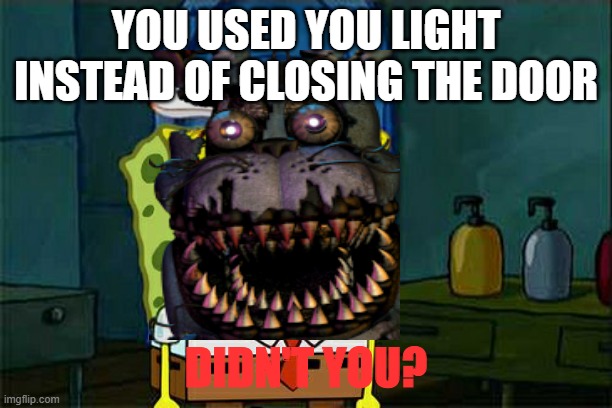 Don't You Squidward Meme | YOU USED YOU LIGHT INSTEAD OF CLOSING THE DOOR; DIDN'T YOU? | image tagged in memes,don't you squidward | made w/ Imgflip meme maker