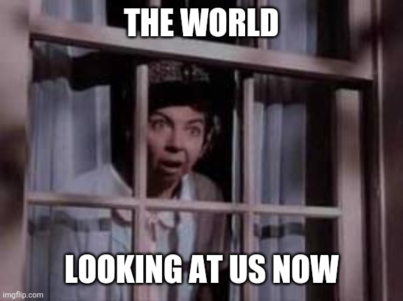 Political situation | THE WORLD; LOOKING AT US NOW | image tagged in nosy neighbor | made w/ Imgflip meme maker
