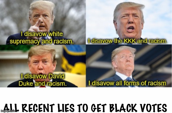 Don't believe a word | ALL RECENT LIES TO GET BLACK VOTES | image tagged in white text box,trump lying | made w/ Imgflip meme maker