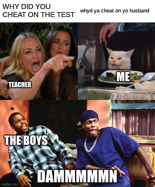 WHY DID YOU CHEAT ON THE TEST; whyd ya cheat on yo husband; ME; TEACHER; THE BOYS; DAMMMMMN | image tagged in memes,woman yelling at cat,last friday damn | made w/ Imgflip meme maker
