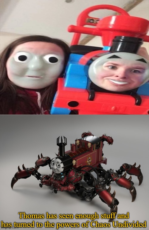 Cursed face swap: The lady and Thomas the tank engine | image tagged in thomas has join chaos undivided,face swap,memes,meme,thomas the tank engine,cursed image | made w/ Imgflip meme maker