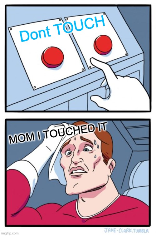 Two Buttons Meme | Dont TOUCH; MOM I TOUCHED IT | image tagged in memes,two buttons | made w/ Imgflip meme maker