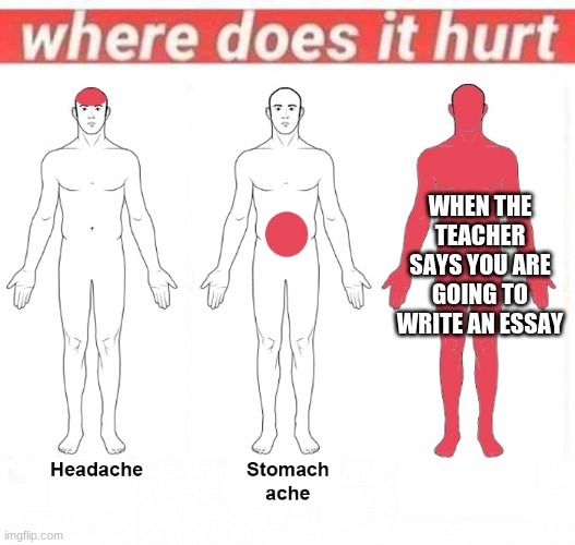 Where does it hurt | WHEN THE TEACHER SAYS YOU ARE GOING TO WRITE AN ESSAY | image tagged in where does it hurt | made w/ Imgflip meme maker