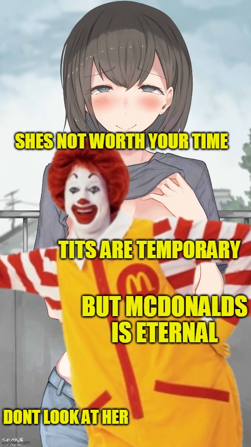ronald mcdonald is right | SHES NOT WORTH YOUR TIME; TITS ARE TEMPORARY; BUT MCDONALDS IS ETERNAL; DONT LOOK AT HER | image tagged in memes,funny,ronald mcdonald,mcdonald,hentai_haters,rule 34 | made w/ Imgflip meme maker
