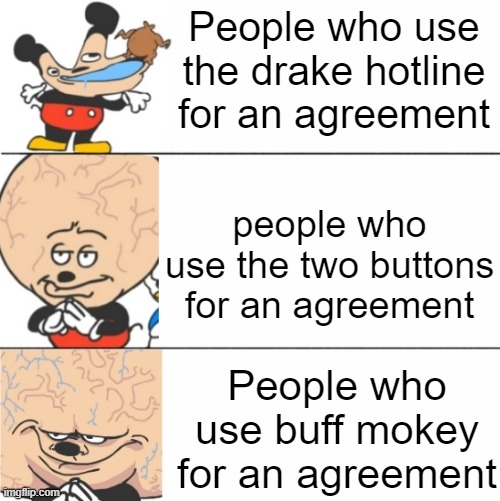 Mokey | People who use the drake hotline for an agreement; people who use the two buttons for an agreement; People who use buff mokey for an agreement | image tagged in expanding brain mokey | made w/ Imgflip meme maker