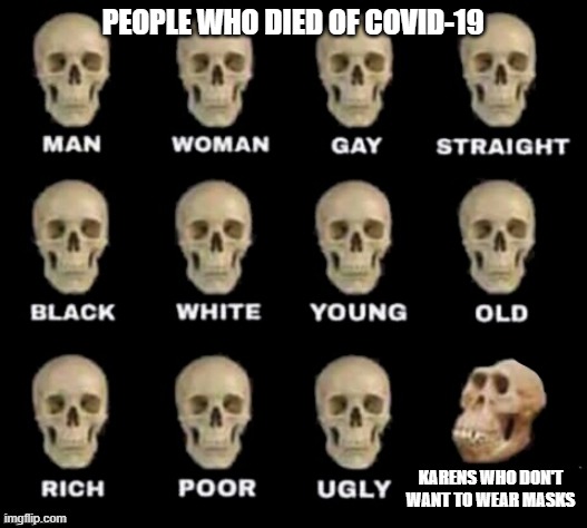 idiot skull | PEOPLE WHO DIED OF COVID-19; KARENS WHO DON'T WANT TO WEAR MASKS | image tagged in idiot skull | made w/ Imgflip meme maker