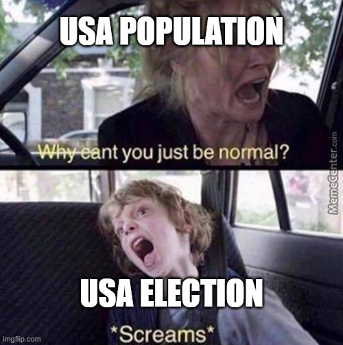 USA elections | USA POPULATION; USA ELECTION | image tagged in why can't you just be normal | made w/ Imgflip meme maker