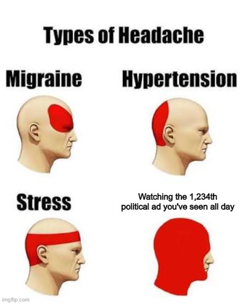 Headaches | Watching the 1,234th political ad you've seen all day | image tagged in headaches | made w/ Imgflip meme maker