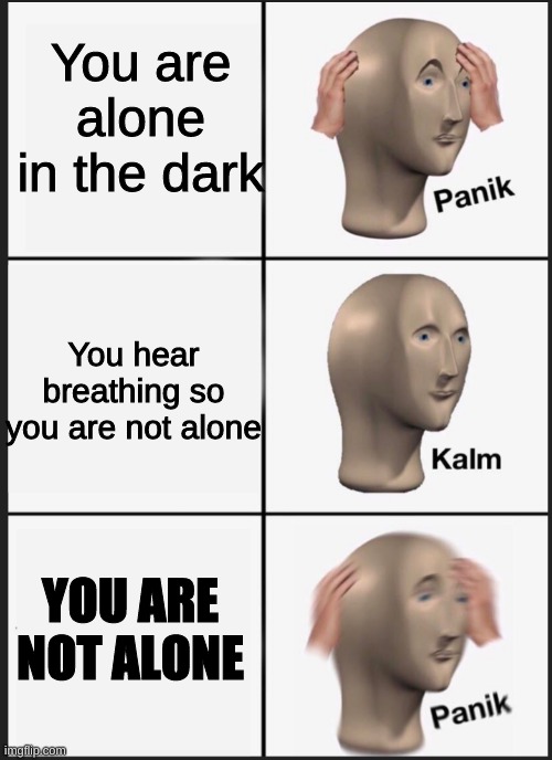 panik calm panik | You are alone in the dark; You hear breathing so you are not alone; YOU ARE NOT ALONE | image tagged in panik calm panik | made w/ Imgflip meme maker