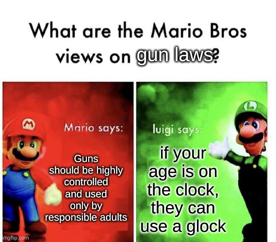 Mario Bros Views | gun laws; Guns should be highly controlled and used only by responsible adults; if your age is on the clock, they can use a glock | image tagged in mario bros views | made w/ Imgflip meme maker