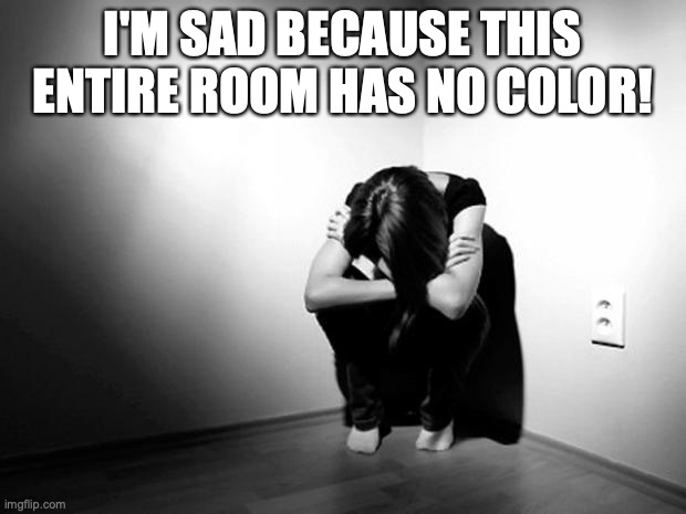 DEPRESSION SADNESS HURT PAIN ANXIETY |  I'M SAD BECAUSE THIS ENTIRE ROOM HAS NO COLOR! | image tagged in depression sadness hurt pain anxiety | made w/ Imgflip meme maker