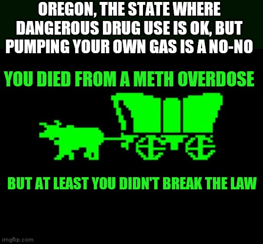 Oh Oregon....you believed the biased hype! Hahahahaha! | OREGON, THE STATE WHERE DANGEROUS DRUG USE IS OK, BUT PUMPING YOUR OWN GAS IS A NO-NO; YOU DIED FROM A METH OVERDOSE; BUT AT LEAST YOU DIDN'T BREAK THE LAW | image tagged in oregon trail,drugs,vote | made w/ Imgflip meme maker