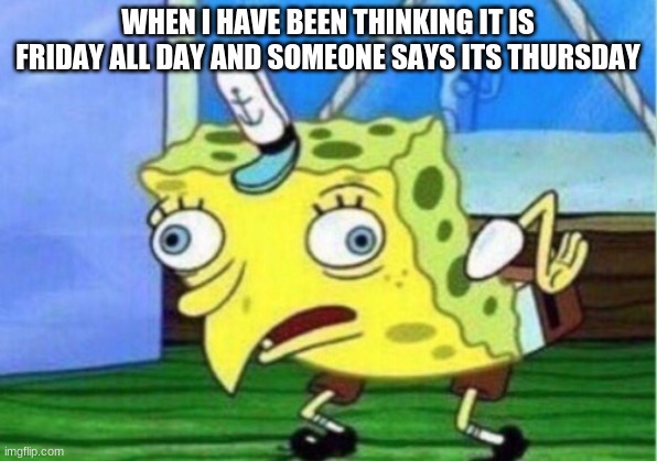 Mocking Spongebob Meme |  WHEN I HAVE BEEN THINKING IT IS FRIDAY ALL DAY AND SOMEONE SAYS ITS THURSDAY | image tagged in memes,mocking spongebob | made w/ Imgflip meme maker
