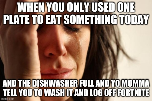 smh chores | WHEN YOU ONLY USED ONE PLATE TO EAT SOMETHING TODAY; AND THE DISHWASHER FULL AND YO MOMMA TELL YOU TO WASH IT AND LOG OFF FORTNITE | image tagged in memes,first world problems | made w/ Imgflip meme maker