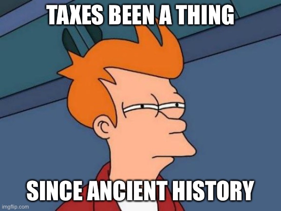 Futurama Fry Meme | TAXES BEEN A THING SINCE ANCIENT HISTORY | image tagged in memes,futurama fry | made w/ Imgflip meme maker