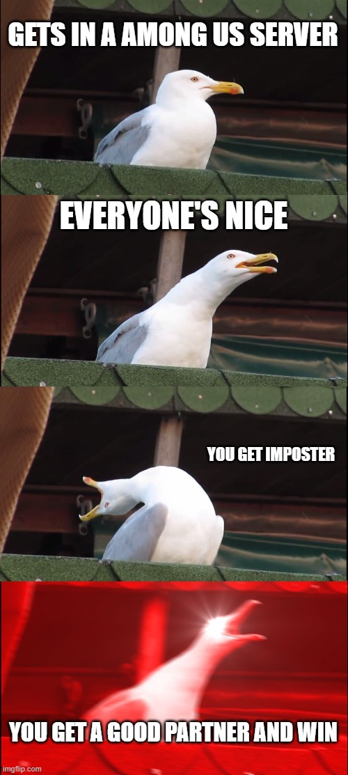 Perfect Game | GETS IN A AMONG US SERVER; EVERYONE'S NICE; YOU GET IMPOSTER; YOU GET A GOOD PARTNER AND WIN | image tagged in memes,inhaling seagull | made w/ Imgflip meme maker