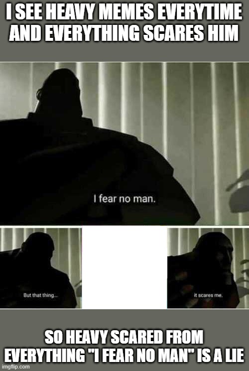 infinit iq | I SEE HEAVY MEMES EVERYTIME AND EVERYTHING SCARES HIM; SO HEAVY SCARED FROM EVERYTHING "I FEAR NO MAN" IS A LIE | image tagged in i fear no man | made w/ Imgflip meme maker