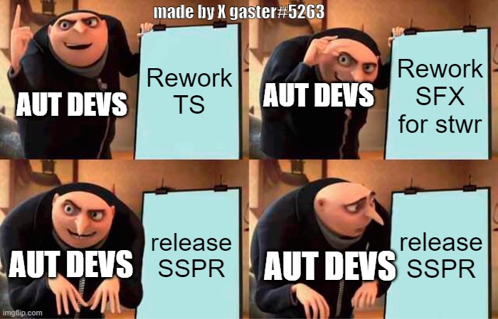 (for any one who play AUT) | made by X gaster#5263; Rework TS; Rework SFX for stwr; AUT DEVS; AUT DEVS; release SSPR; release SSPR; AUT DEVS; AUT DEVS | image tagged in memes,gru's plan | made w/ Imgflip meme maker