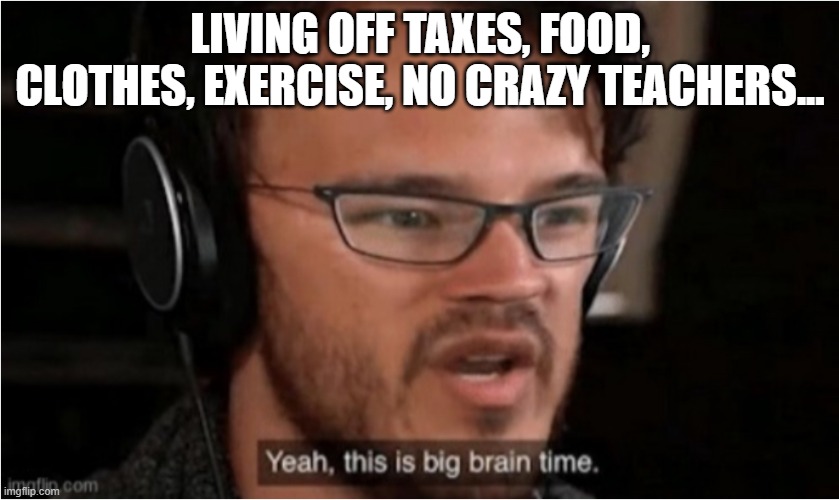 Bruh | LIVING OFF TAXES, FOOD, CLOTHES, EXERCISE, NO CRAZY TEACHERS... | image tagged in bruh | made w/ Imgflip meme maker