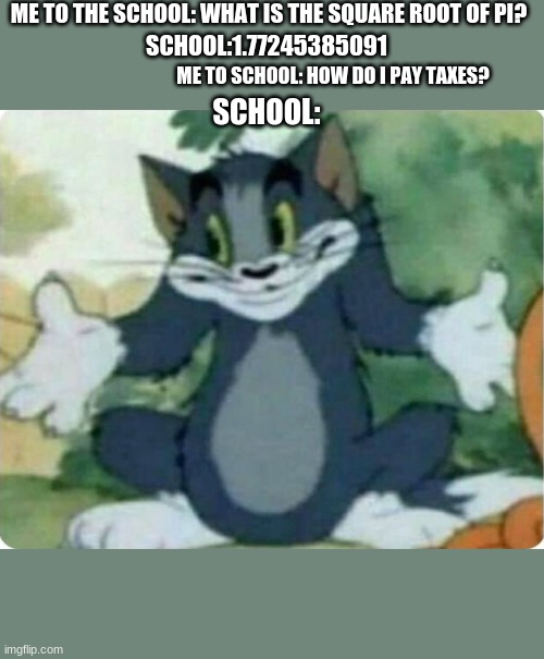 idk | ME TO THE SCHOOL: WHAT IS THE SQUARE ROOT OF PI? SCHOOL:1.77245385091; ME TO SCHOOL: HOW DO I PAY TAXES? SCHOOL: | image tagged in tom shrugging | made w/ Imgflip meme maker
