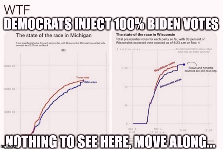 Election fraud, much? | DEMOCRATS INJECT 100% BIDEN VOTES; NOTHING TO SEE HERE, MOVE ALONG... | image tagged in election,biden,trump,fraud | made w/ Imgflip meme maker
