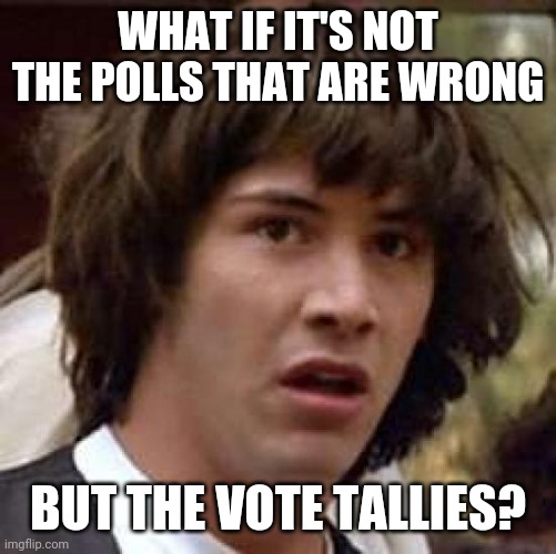 Conspiracy Keanu Meme | WHAT IF IT'S NOT THE POLLS THAT ARE WRONG; BUT THE VOTE TALLIES? | image tagged in memes,conspiracy keanu | made w/ Imgflip meme maker