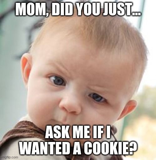 Skeptical Baby Meme | MOM, DID YOU JUST... ASK ME IF I WANTED A COOKIE? | image tagged in memes,skeptical baby | made w/ Imgflip meme maker