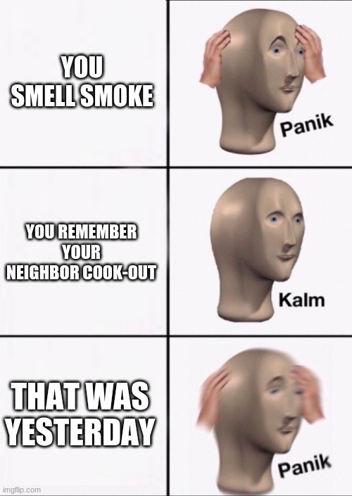 Fire | YOU SMELL SMOKE; YOU REMEMBER YOUR NEIGHBOR COOK-OUT; THAT WAS YESTERDAY | image tagged in stonks panic calm panic | made w/ Imgflip meme maker