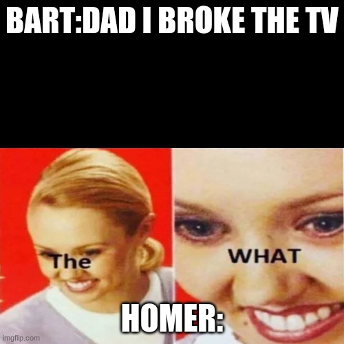 The What | BART:DAD I BROKE THE TV; HOMER: | image tagged in the what | made w/ Imgflip meme maker