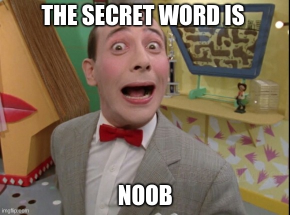 Peewee Herman secret word of the day | THE SECRET WORD IS; NOOB | image tagged in peewee herman secret word of the day | made w/ Imgflip meme maker