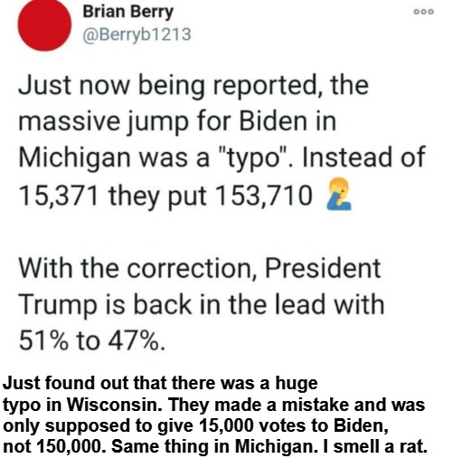 I smell a rat | Just found out that there was a huge typo in Wisconsin. They made a mistake and was only supposed to give 15,000 votes to Biden, not 150,000. Same thing in Michigan. I smell a rat. | image tagged in demorats,voter fraud,corrupt democrats,sedition,treason | made w/ Imgflip meme maker