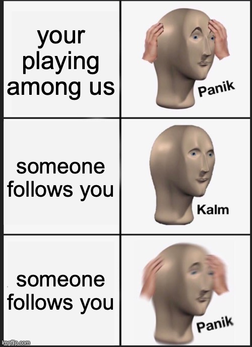 Panik Kalm Panik | your playing among us; someone follows you; someone follows you | image tagged in memes,panik kalm panik | made w/ Imgflip meme maker