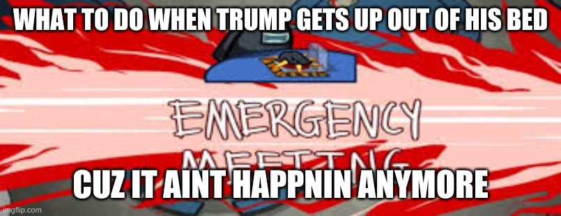 Among us | WHAT TO DO WHEN TRUMP GETS UP OUT OF HIS BED; CUZ IT AINT HAPPNIN ANYMORE | image tagged in donald trump,emergency meeting among us | made w/ Imgflip meme maker
