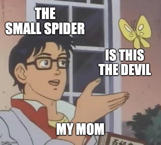 Is This A Pigeon | THE SMALL SPIDER; IS THIS THE DEVIL; MY MOM | image tagged in memes,is this a pigeon | made w/ Imgflip meme maker