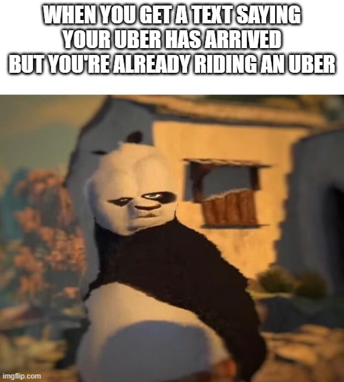 Uber's here | WHEN YOU GET A TEXT SAYING YOUR UBER HAS ARRIVED BUT YOU'RE ALREADY RIDING AN UBER | image tagged in drunk kung fu panda | made w/ Imgflip meme maker