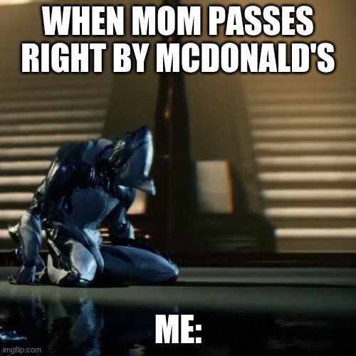 me | WHEN MOM PASSES RIGHT BY MCDONALD'S; ME: | image tagged in depressed excalibur warframe | made w/ Imgflip meme maker