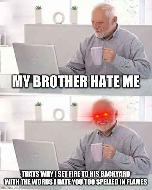 yes | MY BROTHER HATE ME; THATS WHY I SET FIRE TO HIS BACKYARD WITH THE WORDS I HATE YOU TOO SPELLED IN FLAMES | image tagged in memes,hide the pain harold | made w/ Imgflip meme maker
