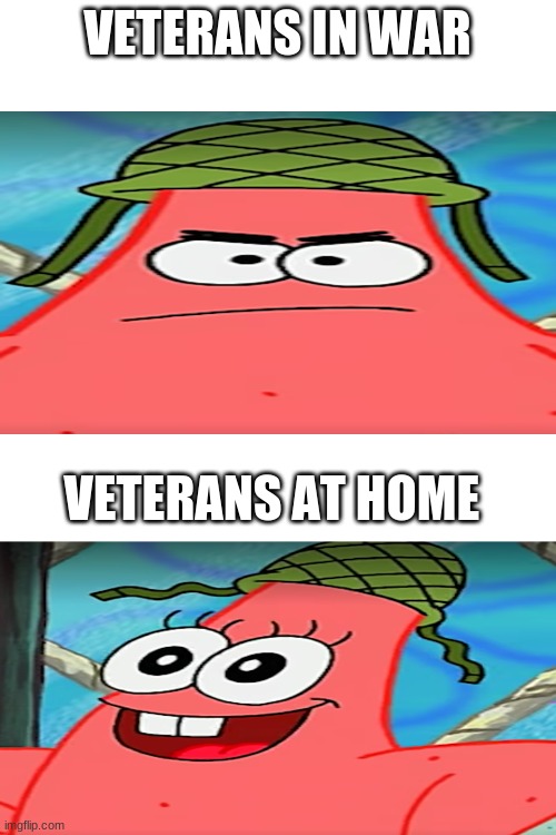 This is super true | VETERANS IN WAR; VETERANS AT HOME | image tagged in patrick,veterans,memes | made w/ Imgflip meme maker