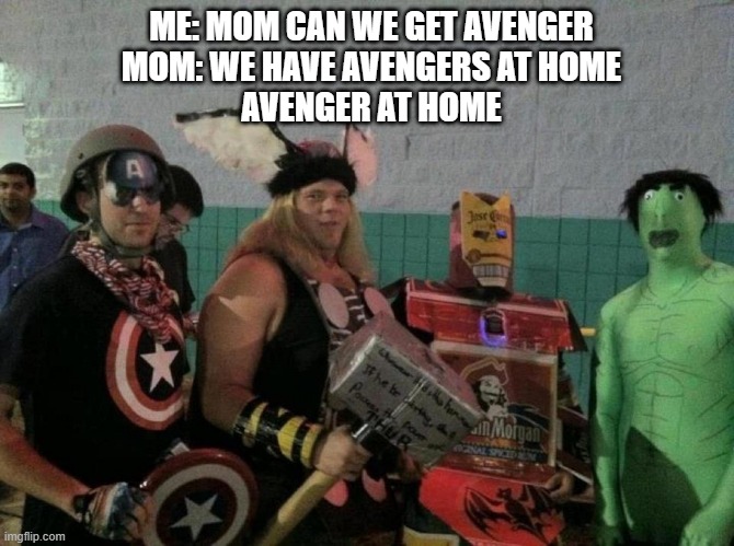 ME: MOM CAN WE GET AVENGER
MOM: WE HAVE AVENGERS AT HOME
AVENGER AT HOME | image tagged in avengers,budget | made w/ Imgflip meme maker