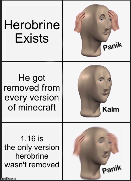 A random meme |  Herobrine
Exists; He got removed from every version of minecraft; 1.16 is the only version herobrine wasn't removed | image tagged in memes,panik kalm panik | made w/ Imgflip meme maker