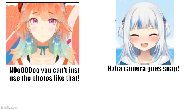 Kiara died lmao | Haha camera goes snap! NOoOOOoo you can't just use the photos like that! | image tagged in no you can't just | made w/ Imgflip meme maker