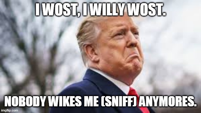 Trump wost. Suck it trumptards. | I WOST, I WILLY WOST. NOBODY WIKES ME (SNIFF) ANYMORES. | image tagged in trump tears | made w/ Imgflip meme maker