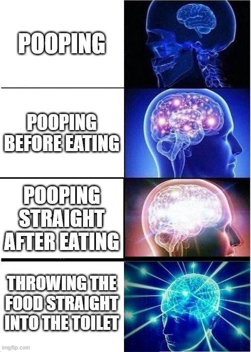 Expanding Brain Meme | POOPING; POOPING BEFORE EATING; POOPING STRAIGHT AFTER EATING; THROWING THE FOOD STRAIGHT INTO THE TOILET | image tagged in memes,expanding brain | made w/ Imgflip meme maker